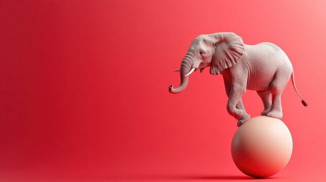 An elephant carefully balances on a smooth sphere within a vivid red space, creating a whimsical, surreal scene that plays with the concepts of balance and poise.