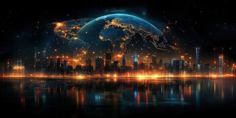 Futuristic Global Cityscape with Digital Network Overlay and Illuminated Skyline Reflected on Water at Night