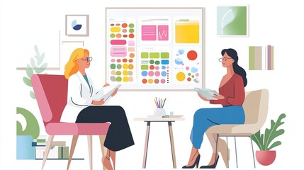 Fototapeta premium Two women discussing charts in modern office illustration.