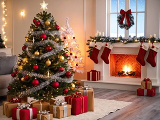 A cozy Christmas scene with a glowing tree and warm fireplace