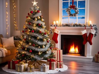 A cozy Christmas scene with a glowing tree and warm fireplace