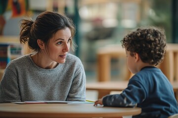 Woman and child engaging in warm discussion indoors