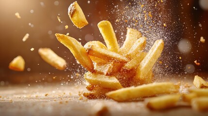 A burst of fries with flavor and motion, captured against a vibrant background, showcasing textures...