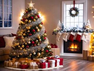 A cozy Christmas scene with a glowing tree and warm fireplace