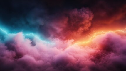 Bold lightning bolt illuminates cloudy sky, splitting it into vibrant pink and orange hues, creating an electrifying and surreal atmospheric scene.