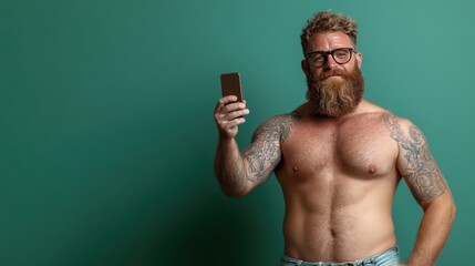 Fototapeta premium A tattooed and bearded man with glasses confidently poses for a selfie against a vibrant green background, showcasing hipster style and self-assurance.