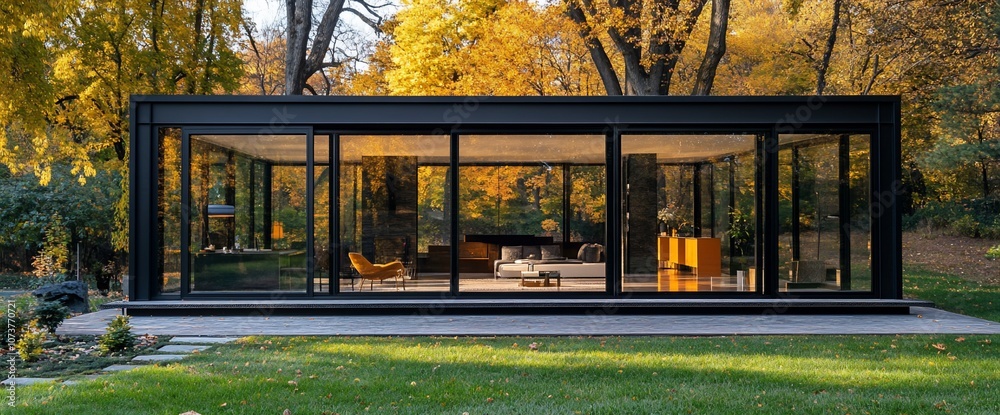Poster Modern glass house with large windows in a forest setting with fall foliage.