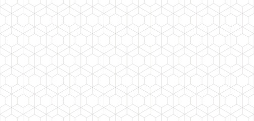 Abstract linear geometric seamless pattern. Subtle vector texture with thin lines, hexagon grid, net, lattice, diamond shapes. Gray and white minimalist background. Modern outline repeating design