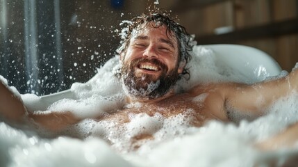 A bearded man lies back in a bathtub full of bubbles, smiling serenely and savoring a moment of peaceful relaxation in a softly lit bathroom atmosphere.