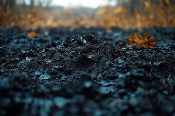 Close-up of charred earth textures with fallen autumn leaf in burnt forest