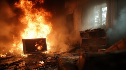 Flames devour a room, with an intensely burning television set taking center stage, illustrating a scene of chaos and destruction wrapped in smoke and heat.