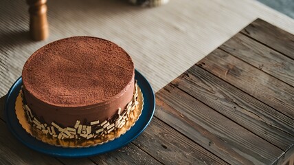 Chocolate cake with ganache and cocoa dusting, wooden table, beige rug, space for text