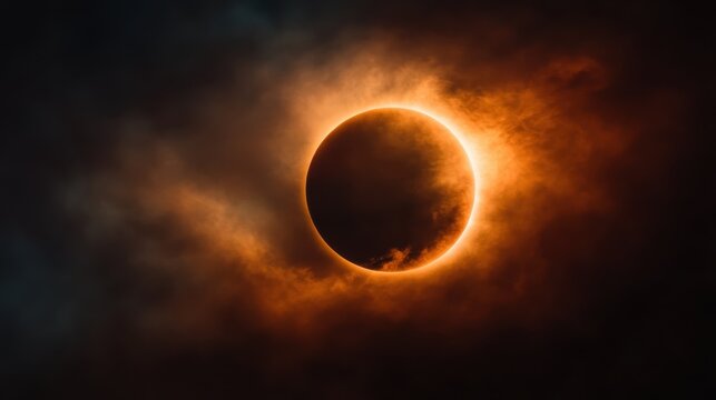 This image showcases the emergence of a solar eclipse, where the sun and moon align beautifully against a backdrop of swirling dramatic clouds and vibrant light.