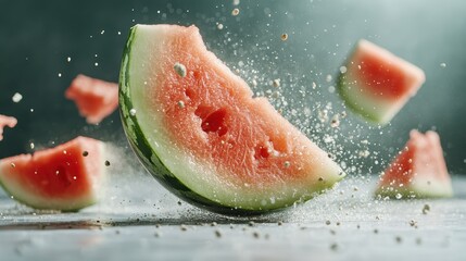 A juicy watermelon slice appears to burst in mid-air, with small fragments and droplets adding a dynamic and refreshing feel to the image's lively atmosphere.