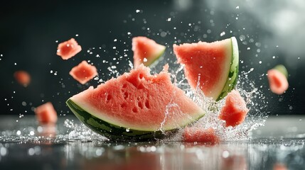 A vibrant image of a watermelon bursting apart mid-air, showcasing the juicy red interior and creating a dynamic splash effect against a dark backdrop.