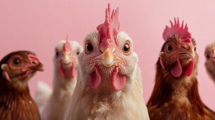 Fototapeta premium A group of chickens showcases individuality with one standing prominently in front, set against a soft pink background, highlighting diversity and camaraderie in nature.