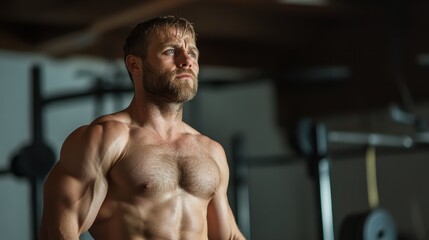 A shirtless, muscular man stands prominently in the foreground of a dimly lit gym, showcasing his toned physique and dedication to physical fitness.