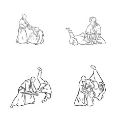 Aikido combat between athletes, stylized vector illustration