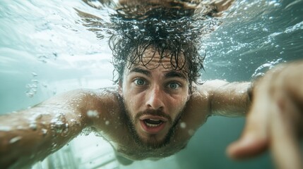 A man with wet hair takes a selfie underwater, wearing a shocked expression as bubbles surround him, highlighting his playful and adventurous spirit.