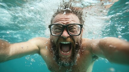 Fototapeta premium An enthusiastic bearded man wearing glasses is submerged underwater, creating excitement and humor with his open mouth while bubbles pop around to add action.