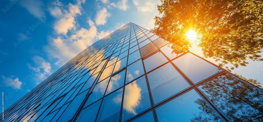 Poster modern glass skyscraper reflecting clouds and sunlight against a blue sky with tree branches on the 
