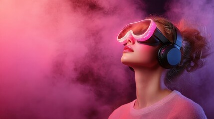 A woman wearing VR goggles and headphones, immersed in a pink-hued fog, symbolizing immersion into virtual reality and technological advances in modern life.