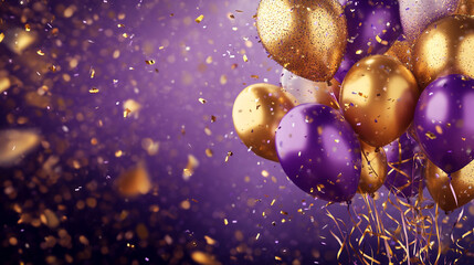 Purple and Gold Balloons with Confetti for Celebration and Party Decoration