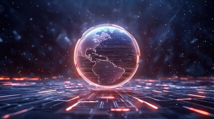 Digital artwork featuring large spherical globe - prominently center starburst