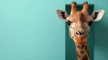 Fototapeta premium A curious giraffe peers through a tight teal doorway, presenting a playful yet minimalist scene that contrasts nature with human-made structures.