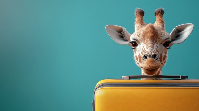 A giraffe, symbolizing travel or change, stands with a suitcase against a teal backdrop, combining natural and modern elements in a humorous composition.