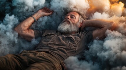 Obraz premium A bearded man in casual attire sleeps soundly on a bed of fluffy, smoky clouds, signifying peace, freedom, and the imaginative boundlessness of the human spirit.