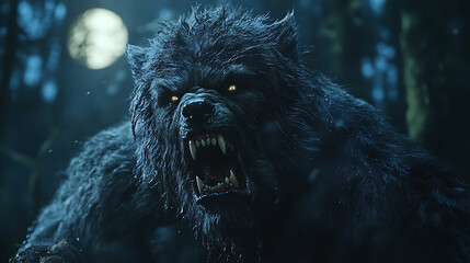 A scary looking wolf with glowing eyes and teeth