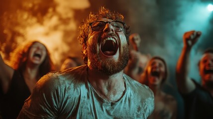 Obraz premium A joyous crowd is captured mid-celebration, their expressions filled with excitement and zeal. This dynamic image portrays the raw energy and exuberance of the moment.