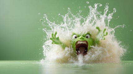 A lively green creature bursting energetically from water, embodying enthusiasm and playfulness, set against a backdrop of animated whimsy and creativity.