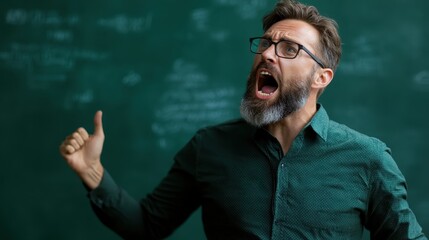 Obraz premium The energetic individual with a beard and glasses passionately shouts near a blackboard filled with equations, indicating a moment of breakthrough or revelation.