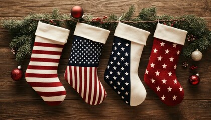 Obraz premium Festive holiday stockings decorated in red, white, and blue, perfect for celebrating Independence Day.