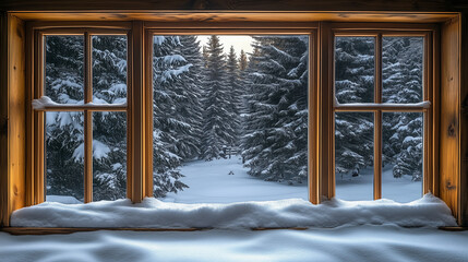 Snow-covered landscape viewed from a cozy cabin window in a winter forest during early morning