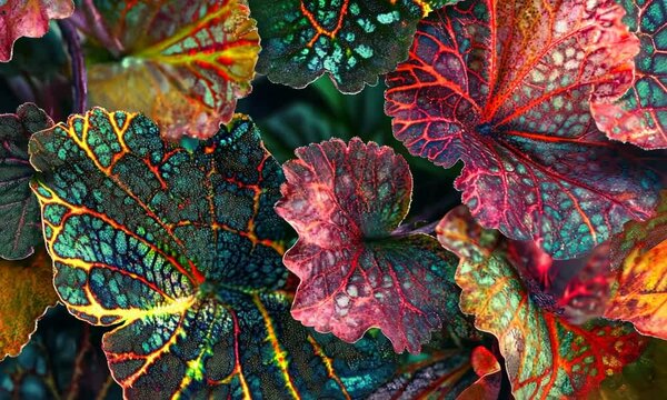 Colorful Close-Up of Vibrant Begonia Leaves Displaying Unique Patterns - Powered by Adobe