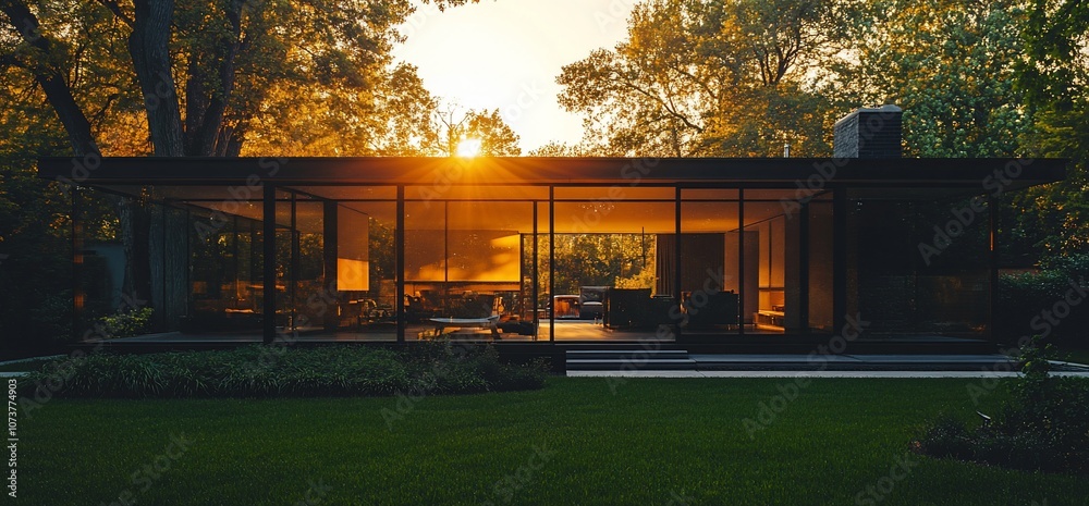 Aufkleber Modern home with large windows facing a sunset with trees in the background.