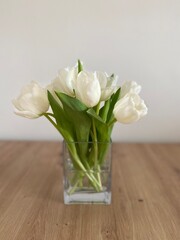 bouquet of white tulips in glass vase on the wooden table