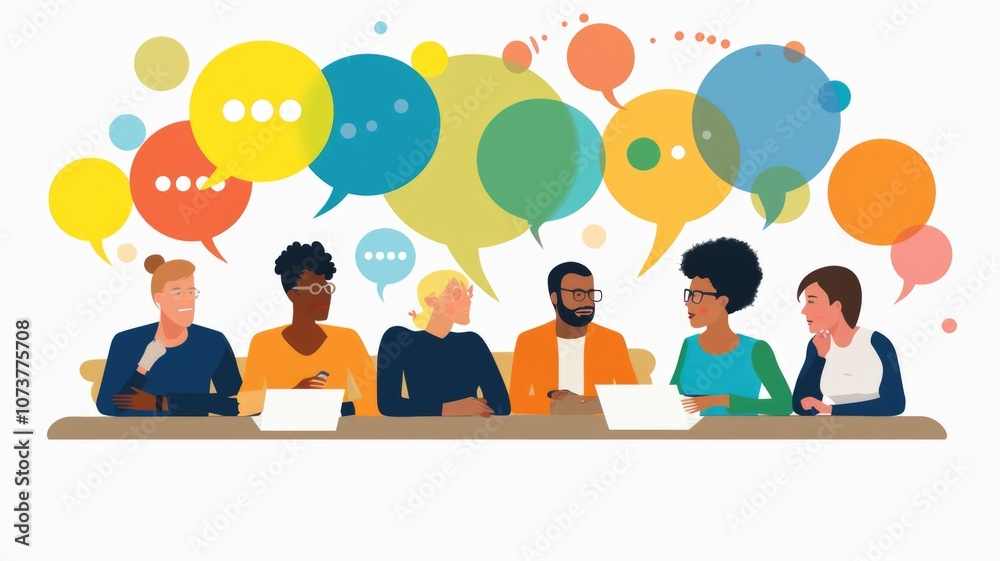 Wall mural creative team collaboration with diverse multicolored speech bubbles