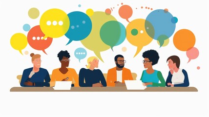 Creative team collaboration with diverse multicolored speech bubbles