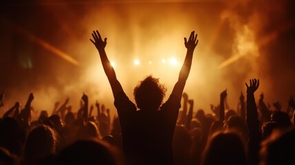 The silhouette of a crowd at a concert, their hands raised high, celebrating under an intense glow of lights, filled with electrifying excitement and unity.