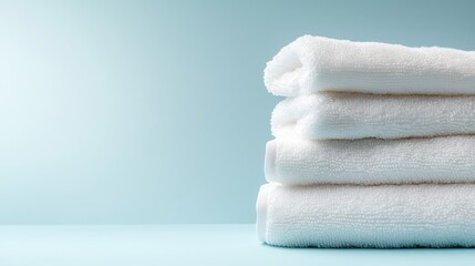 A pristine stack of white towels positioned against a tranquil aqua background, symbolizing cleanliness, orderliness, and an essence of serene sophistication.