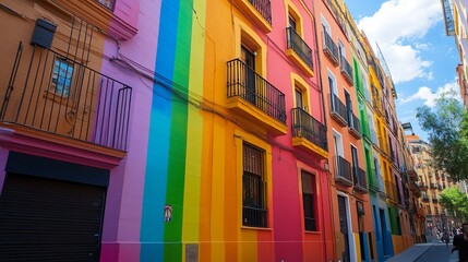 Obraz premium Colorful rainbow painted building facade in a city street.