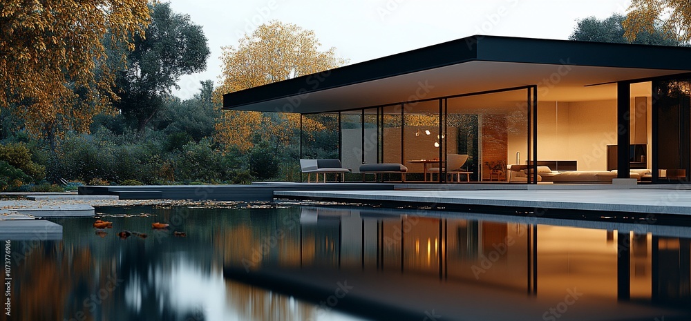 Poster modern house with a swimming pool and a large window.