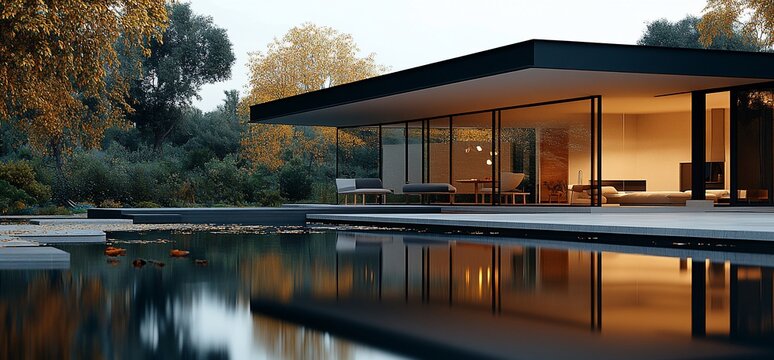 Modern house with a swimming pool and a large window.