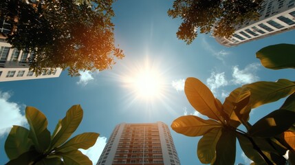 On a sunny day, modern city high-rises are framed by luxuriant tropical plants, depicting a synthesis of nature's lush beauty with urban architectural development.