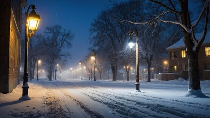 A dramatic winter scene featuring a streetlight casting a warm glow on snow-covered streets, with dark skies and a quiet, atmospheric ambiance