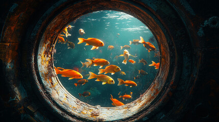 Vibrant underwater scene viewed through a circular porthole, featuring a school of colorful fish swimming